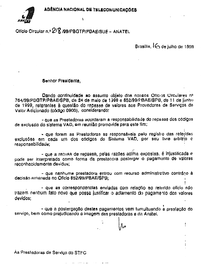 Oficio Circular nº218/99/PBGTP/PBAE/SUE - ANATEL